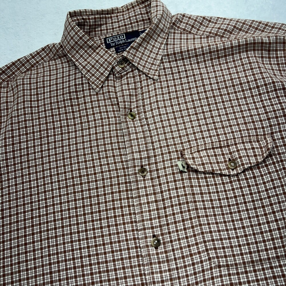 Polo By Ralph Lauren Wyatt Button Up Shirt Men L Brown Check Long Sleeve